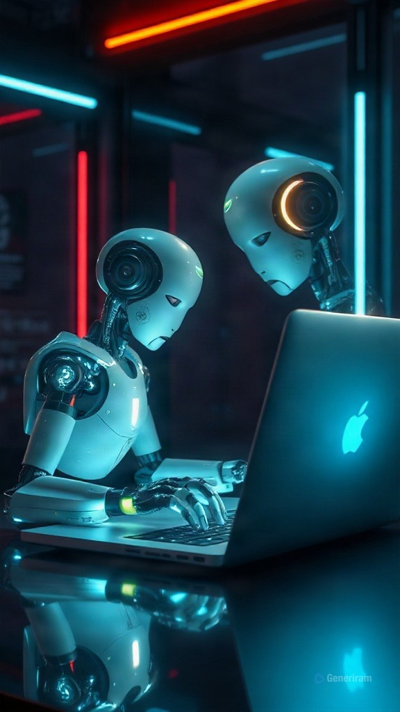 Генерирано с ИИ: Futuristic glowing AIrobot working on a glowing laptop in a — FLUX.1 Schnell, AI изображение — от kaloyanvelchev69