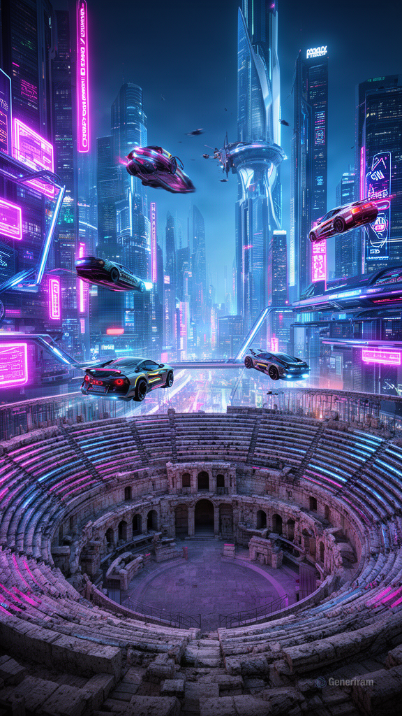 Генерирано с ИИ: Futuristic cyberpunk city of Plovdiv Bulgaria, neon lights · AI изображение, направено с FLUX.2 — от kaloyanvelchev69