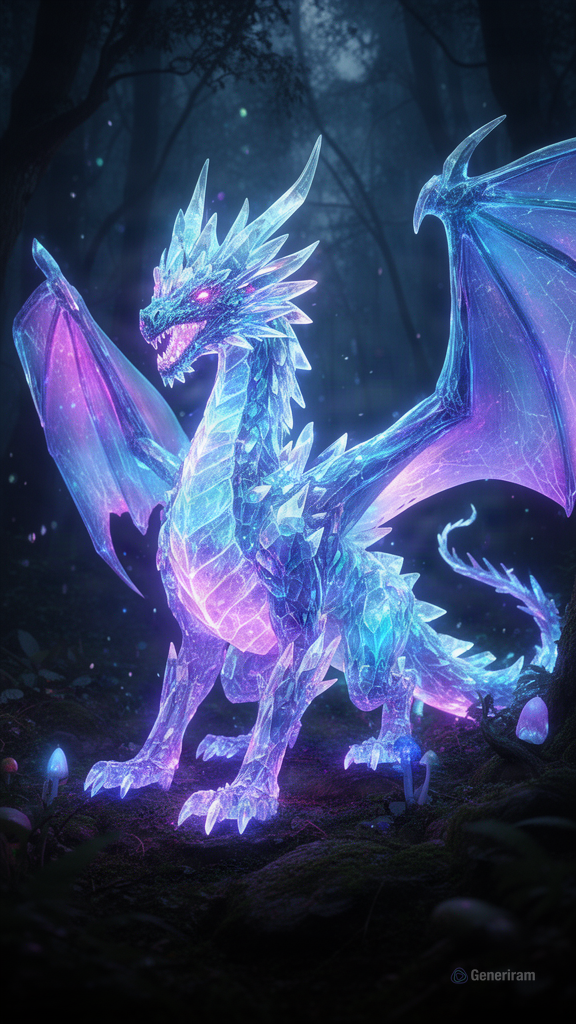 Генерирано с ИИ: Ethereal crystal dragon glowing with neon blue and purple — AI изображение с FLUX.2 — от kaloyanvelchev69